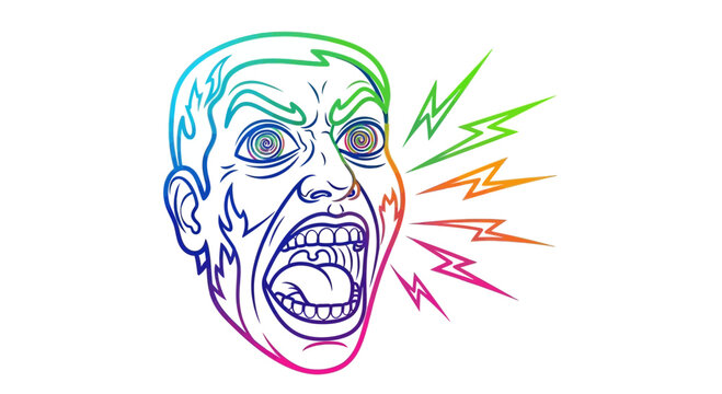 Man Screaming in Rage with Colorful Lightning Bolts