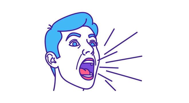 Man shouting, yelling, screaming, open mouth, vocalizing, speaking, announcing, communicating, sound waves