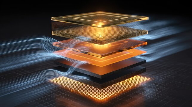 Abstract layered technology with glowing orange circuits and blue energy waves