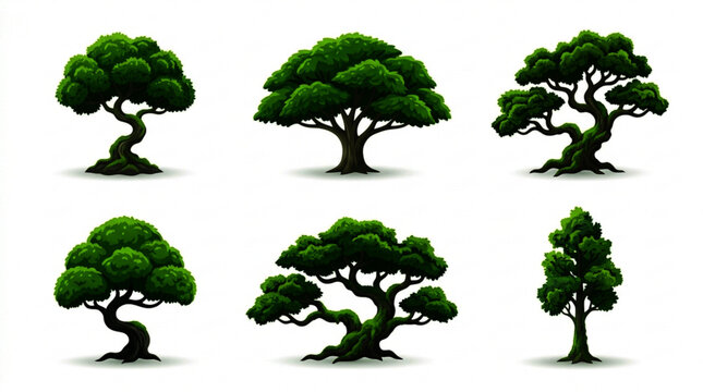 Collection of moss tree vector illustrations on white background