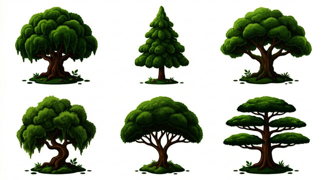 Moss Tree Vector Illustration Set of Stylized Green Forest Trees