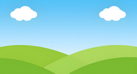 Fototapeta premium cartoon landscape illustration, rolling green hills, blue sky background, white clouds scenery, nature cartoon design, grassy field illustration, outdoor scenery vector, sunny landscape artwork, simpl