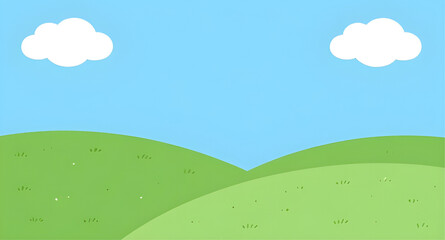 Obraz premium cartoon landscape illustration, rolling green hills, blue sky background, white clouds scenery, nature cartoon design, grassy field illustration, outdoor scenery vector, sunny landscape artwork, simpl