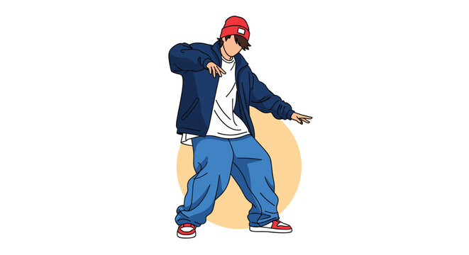 Dynamic flat illustration of a male breakdancer performing a move in street wear against a yellow circular background element.