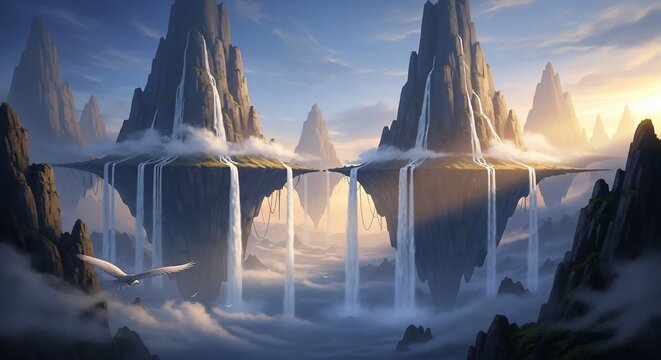 Fantasy mountain landscape waterfalls