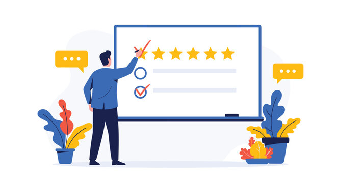 Businessman standing in front of a whiteboard and using a marker to give a five star rating for quality service and success.