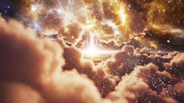 Bright cosmic explosion with glowing stars and nebula clouds in deep space galaxy background