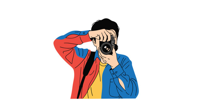 Professional photographer in colorful shirt holding a digital camera to take a photo isolated on a clean white background.