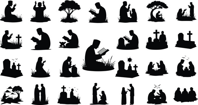 People praying reading holy book under tree and at graveyard religious devotion