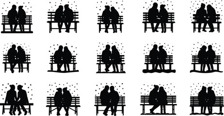 Obraz premium Set of romantic couple silhouettes sitting on park benches while snowing in cold winter weather