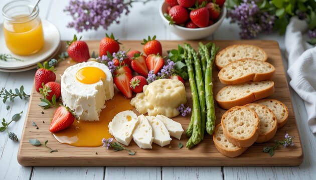 a bright spring breakfast board. Includes soft goat cheese, honeycomb, fresh strawberries, asparagus spears, and crusty baguette TLices. Decorated with subTLe sprigs of lilac and eucalyptus. Airy, bri
