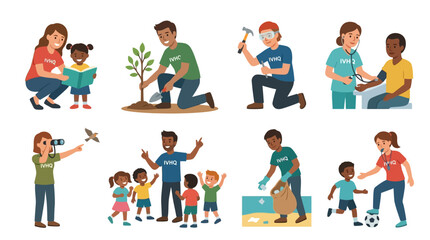 Fototapeta premium A collection of diverse volunteers performing various community service tasks including teaching children and helping with environmental protection efforts