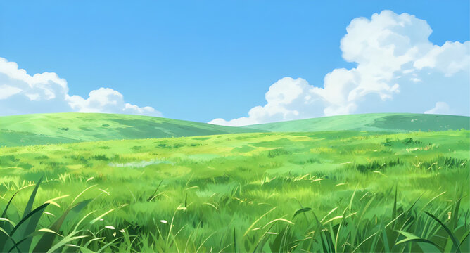 anime landscape illustration, tranquil green hills scene, blue sky with clouds, peaceful countryside anime, rolling hills background, bright nature scenery, grassy field anime art, soft cloud sky desi