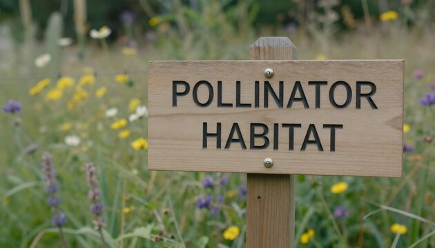 Sign in a field about pollinator habitats, featuring Swallowtail Butterflies and encouraging biodiversity conservation efforts
