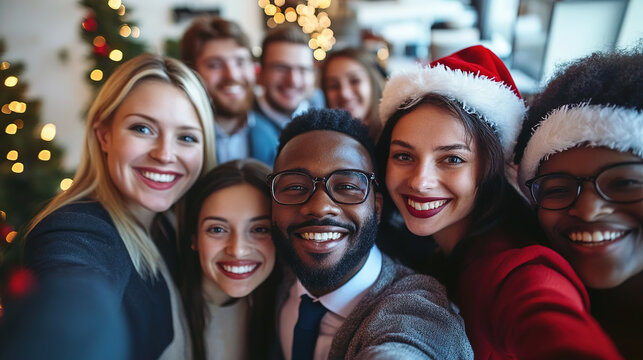 Diverse group of happy young business people or friends taking a selfie photo on smartphone during a christmas party in a modern office.