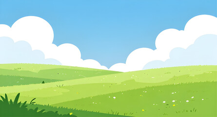 Obraz premium cartoon rolling hills illustration, green hills landscape vector, blue sky with clouds, fluffy white cloud background, nature scenery cartoon, grassy field illustration, sunny outdoor landscape, simpl