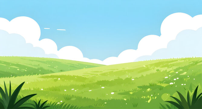 cartoon rolling hills illustration, green hills landscape vector, blue sky with clouds, fluffy white cloud background, nature scenery cartoon, grassy field illustration, sunny outdoor landscape, simpl