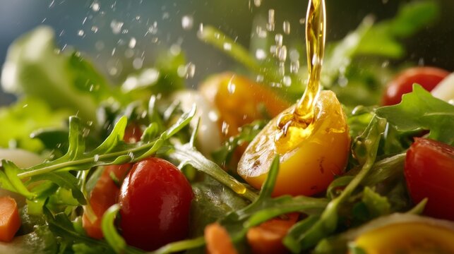 Fresh Salad Preparation with Cherry Tomatoes, Olive Oil Drizzling, and Crisp Greens Captured in a Vibrant Kitchen Setting