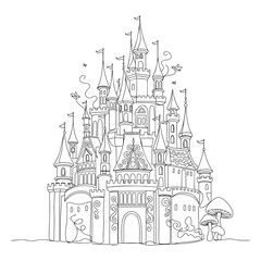 Fototapeta premium Fantasy medieval castle with towers and flags vector illustration