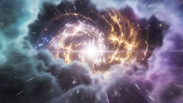 Bright glowing cosmic explosion with colorful nebula clouds and radiant starburst in deep space