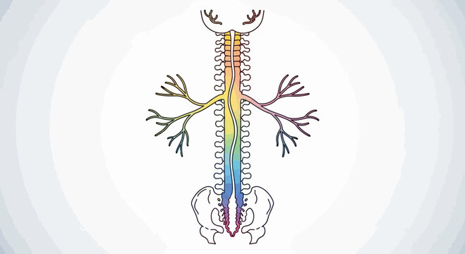 Human nervous system illustration: spine, nerves, and pelvis in rainbow colors