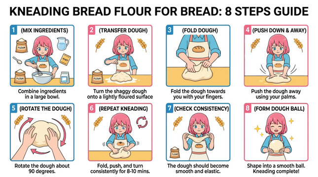 An instructional educational infographic showing a step by step guide on how to properly knead fresh bread dough for baking