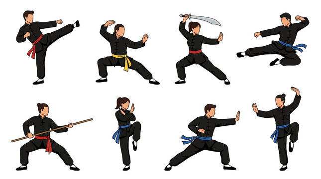 A diverse collection of martial arts practitioners performing various combat movements including kicking and training with traditional wooden weapons