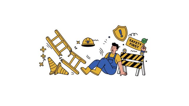 Construction workplace accident with fallen worker cartoon. 4K Video