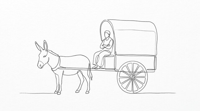 Minimal continuous line donkey cart rural transport vector set with traditional countryside life scenes and simple outline illustrations isolated on white background