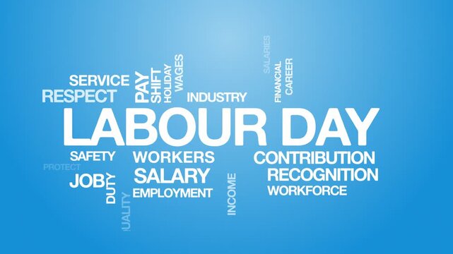 Labour day concept Animated Tag Word Cloud kinetic typography, Text Design Animation typography seamless loop video motion graphics Intro Wordart arrangement blue background bg backdrop campaign clip 