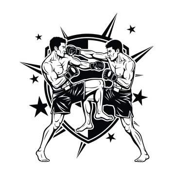 Two shirtless men fighting in a dynamic kickboxing match.