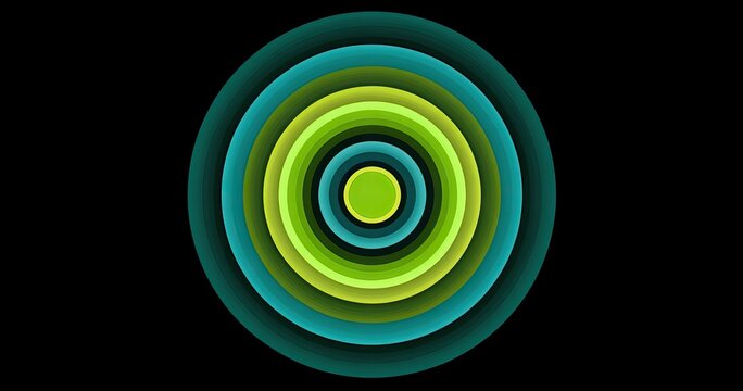 Concentric circles of blue and green hues radiating outward on black