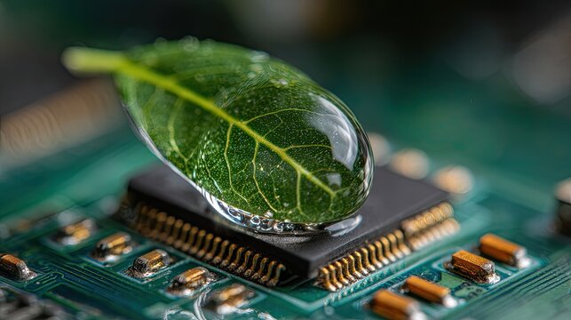 Green leaf with water droplet rests on a computer microchip