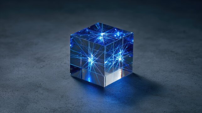 Illuminated crystal cube with radiating blue light lines inside