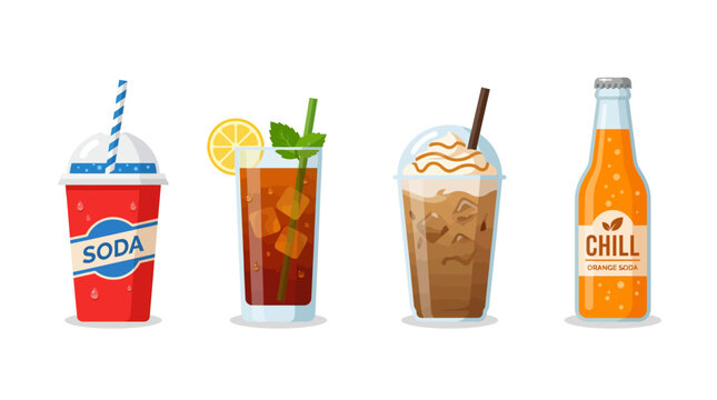Cold Drinks Icon Set with Soda Cup Iced Tea Frappe Coffee and Orange Soda Bottle Vector Illustration