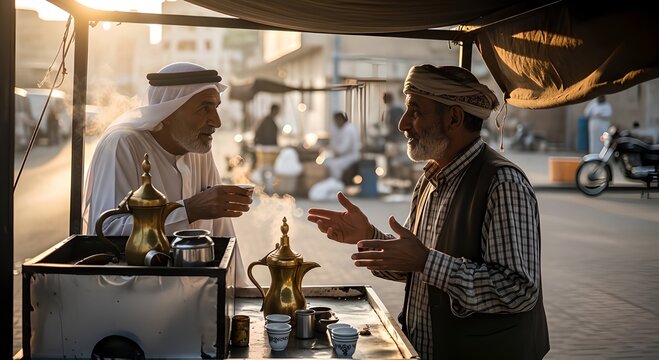 Man in white dishdasha serves Arabic coffee to a customer on a city street