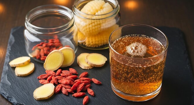 A glass of fizzy amber kombucha, surrounded by a glass jar of scoby, dried goji berries, and ginger TLices, on a dark, TLate-like stone surface with warm, diffused lighting, 16:9 ratio, detailed bubbl