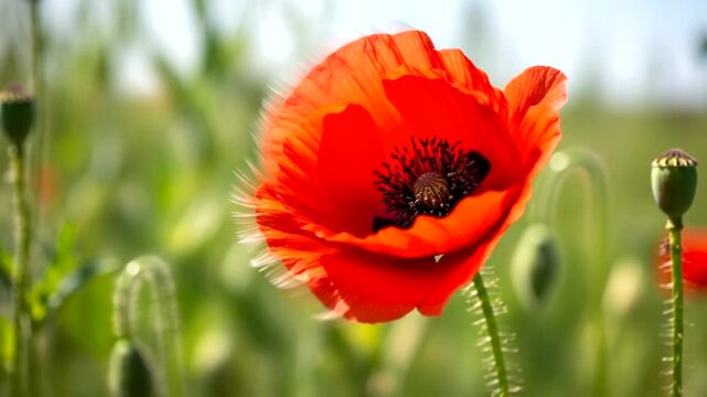 Vibrant Red Poppy Flower Blooming in a Sunny Summer Meadow.