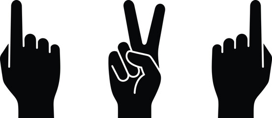 Obraz premium Black hand gesture silhouettes showing counting signs and peace symbol for communication and educational design concepts