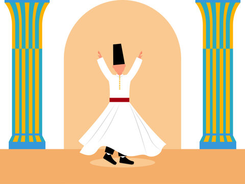 A practitioner of a Sufi religious dance known as the Sema ceremony. Egyptian illustrations. Flat vector concepts.