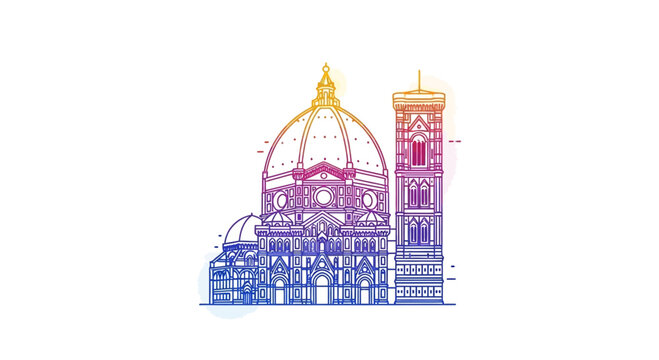 Florence Cathedral dome and Giotto's Campanile line art, colorful gradient, white background