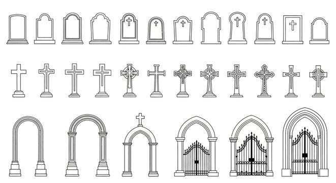 Collection of various graveyard and church architectural elements and crosses.