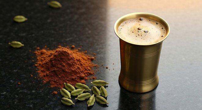 A traditional brass tumbler of frothy South Indian filter coffee, surrounded by coffee powder and scattered green cardamom pods, on a dark granite surface with warm, morning diffused light, 16:9 ratio
