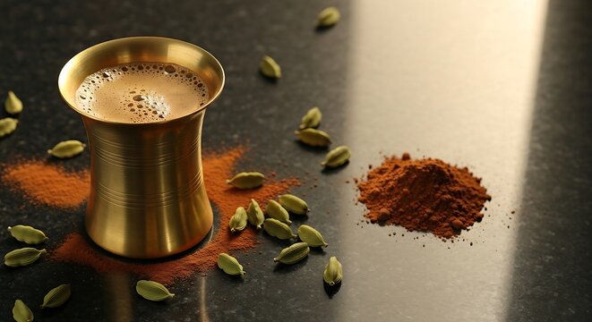 A traditional brass tumbler of frothy South Indian filter coffee, surrounded by coffee powder and scattered green cardamom pods, on a dark granite surface with warm, morning diffused light, 16:9 ratio
