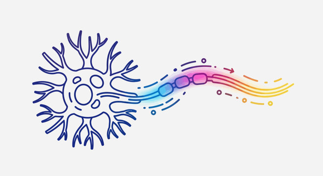 Abstract illustration of a neuron transmitting signals, colorful, science, medical, brain, nervous system