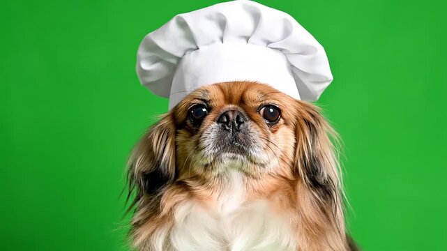 Adorable pekingese Dog Wearing Chef Hat on Green Background.
