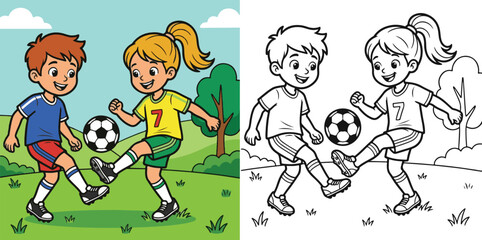 child kid boy and girl children playing soccer football  hand drawn coloring book vector illustration of lineart and clipart © Avijit