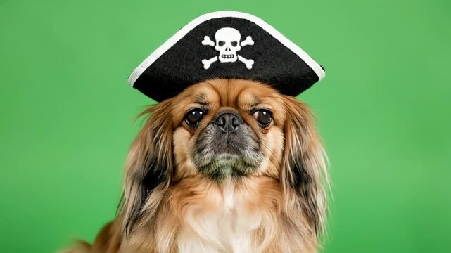 Cute pekingese dog dressed as a pirate looking directly at the camera on a green background.