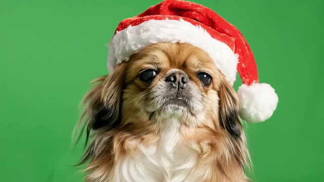 Cute pekingese dog wearing a Santa hat on a green background, ready for Christmas celebrations.