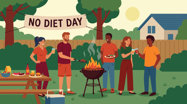 Diverse Friends Celebrating No Diet Day at Backyard Barbecue Party